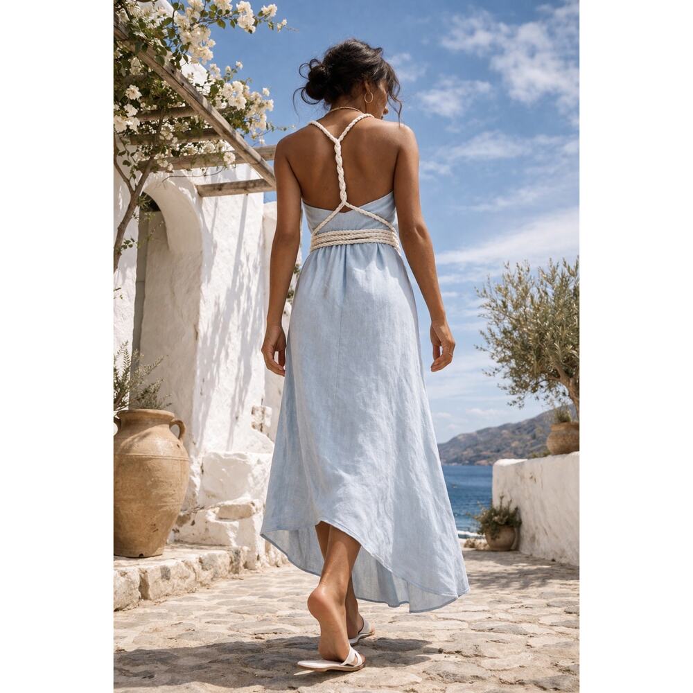 Ice Blue Linen Greek Goddess Dress Halter Wrap Boho Adjustable Open Back Fit S-L